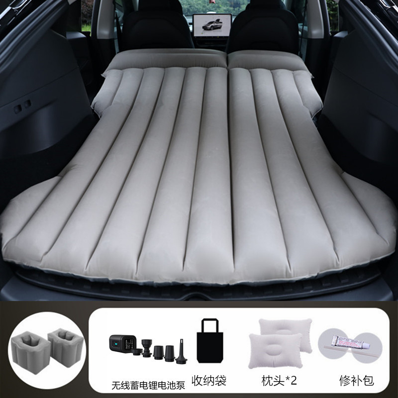 Vehicle-mounted inflatable bed – Shiyong Sleeping Pad Folding - gray-tesla-model-y-with-black-wireless-battery-pump-square-stool
