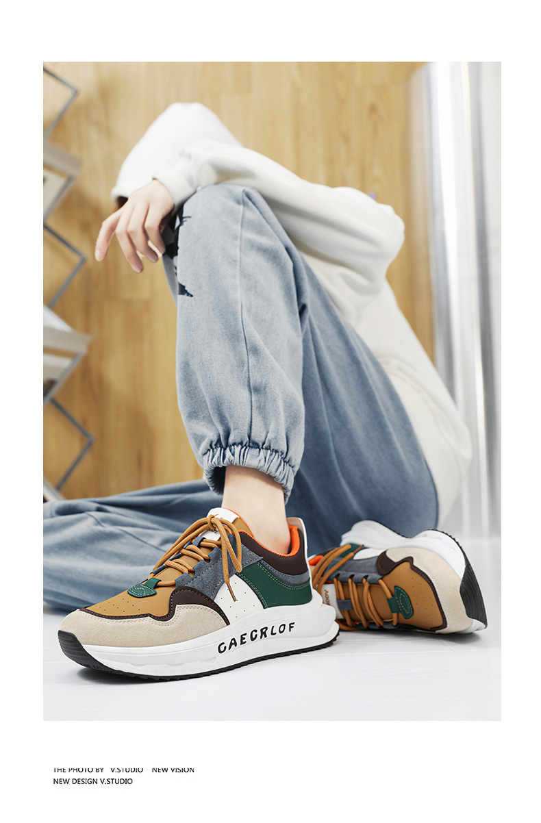  新益美 运动鞋男新款时尚运动风休闲鞋皮面撞色旅游鞋厚底