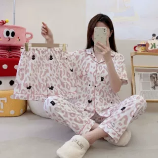 三件套云朵棉新款卡通睡衣女甜美可爱短袖短裤开衫翻领家居服套装