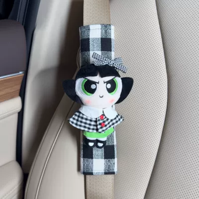 Decoration New Car Goodies — Sürətlər qutusu və əl tormozu başlıqları - genuine-powerpuff-girls-shoulder-cover-black-grid-burlap-black-hair-black-grid-knot-doll-collar