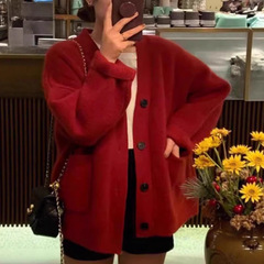 100羊毛开衫女中长款秋冬老钱风v领宽松针织衫加厚羊绒毛衣外套