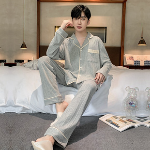 2025 New Spring Pure Cotton Pure Color Stripesd Long-Sleeved Pants Men's Classy Cardigan Home Wear Set Wholesale