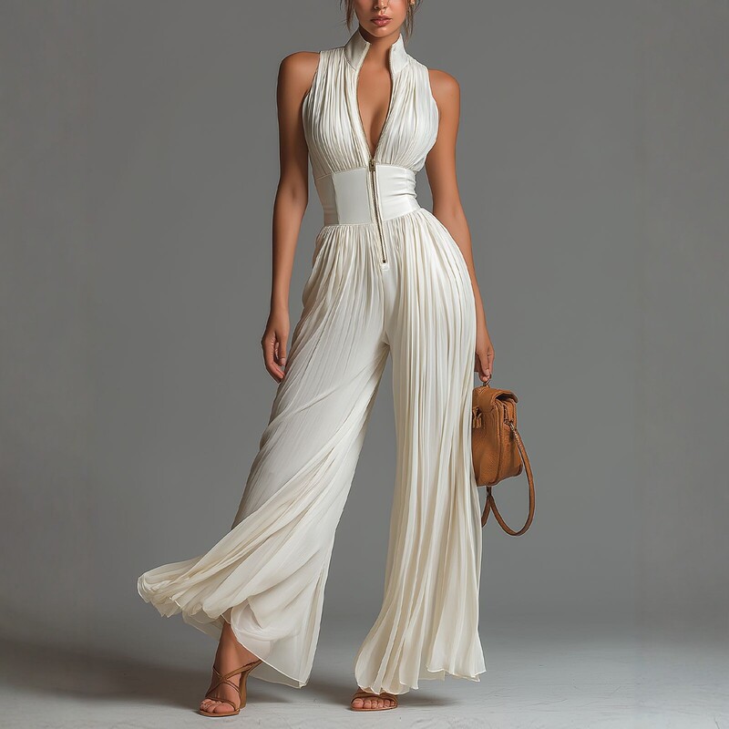 2026 New European and American Style White Pleated Halter Neck Jumpsuit for Women, Long Wide-Leg Fashion Sexy Pleated Cross-Border Women's Clothing