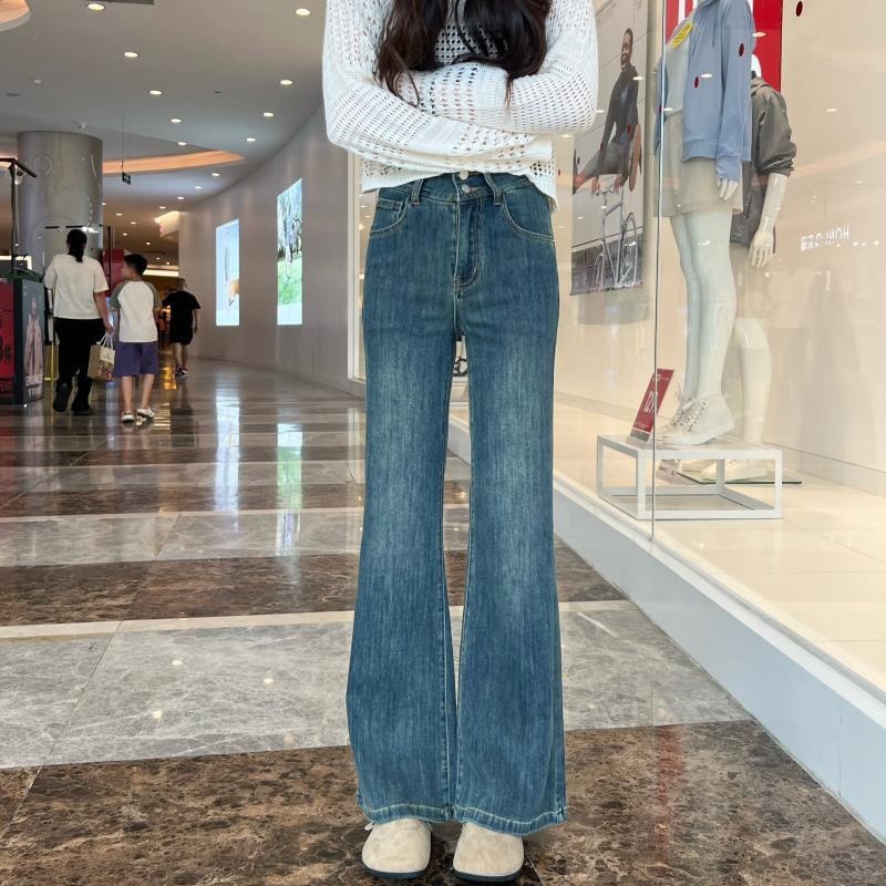 아메리칸 스타일 레트로 블루 씻은 마이크로 라 청바지 여성의 가을과 겨울 짧은 높은 허리 스트레이트 말굽 긴 바지