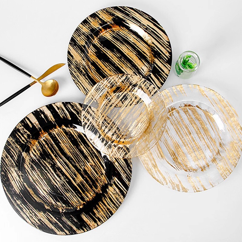 European and American Western Banquet Formal Occasions Creative Gold Foil Colored Round Transparent Glass Plate Manufacturer Wholesale Tableware