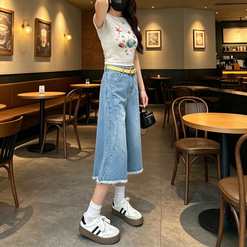 Women's Summer Thin Wide-Leg Jeans for Pear-Shaped Body, Petite, Versatile, Slimming, High-Waisted, Frayed Hem, Straight-Leg, Cropped Pants
