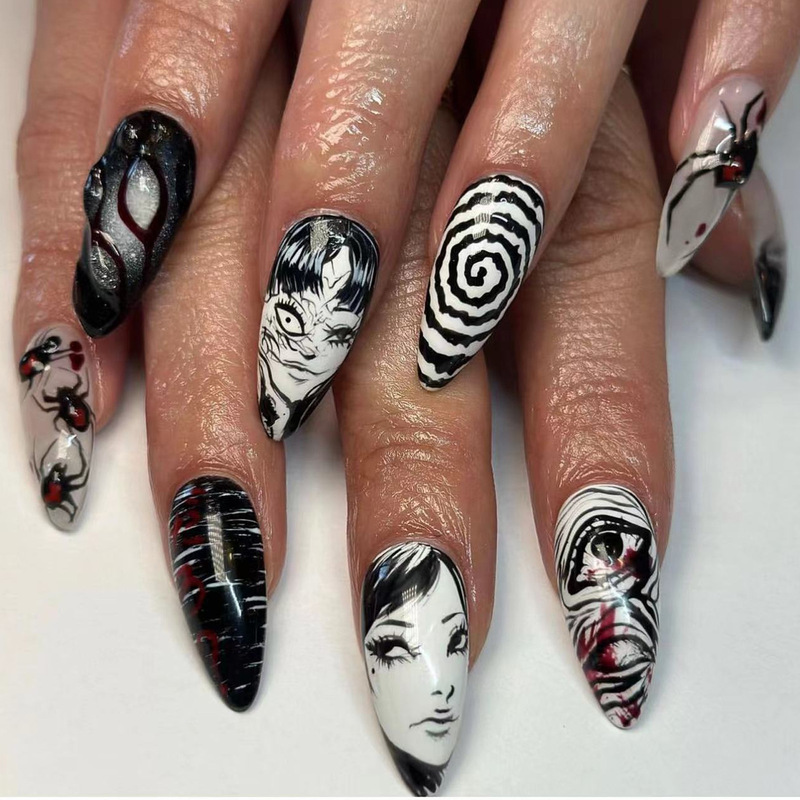 Japanese style two-dimensional black and white horror cartoon design medium almond wear nail nail patch foreign trade fake nail