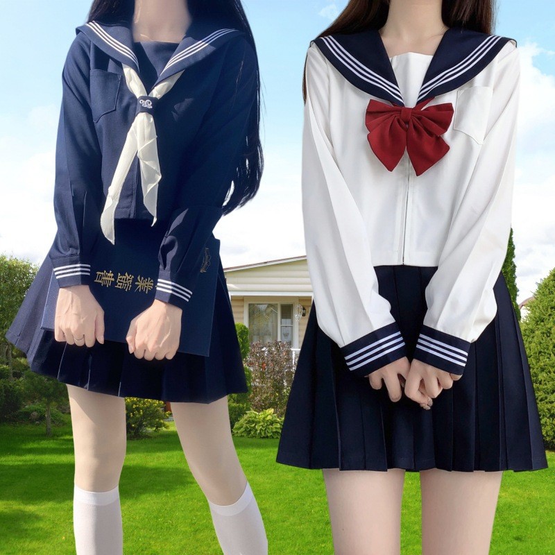 Japanese-Style Cyan-Collar White Three-Piece Jk Uniform for Girls, New Long and Short Sleeve Sailor Suit, Basic School Style Student Outfit