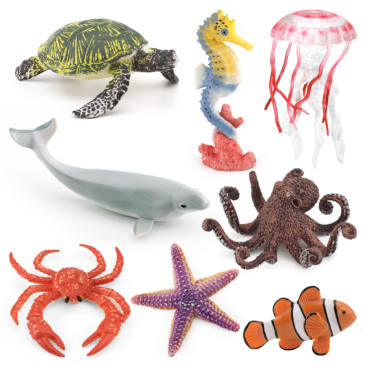 Simulación transfronteriza blanco ballena tortuga payaso pez caballito de mar pulpo medusas rey cangrejo marino biológico modelo adornos estáticos