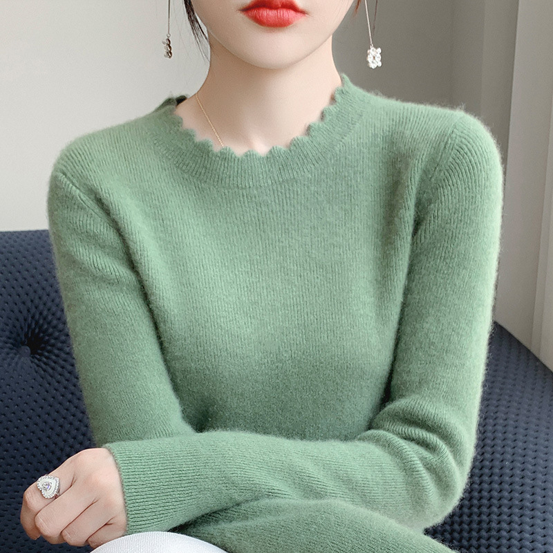 Knitted short 2023-match sweater long-sleeved top bottoming pullover sweater sweater wool lace thin round