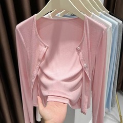 女性用グレー日焼け止めカーディガン、2025年夏アウターウェア、サスペンダースカート、ショール、エアコン付きルームアウターウェア、アイスシルクシャツ、多用途ジャケット