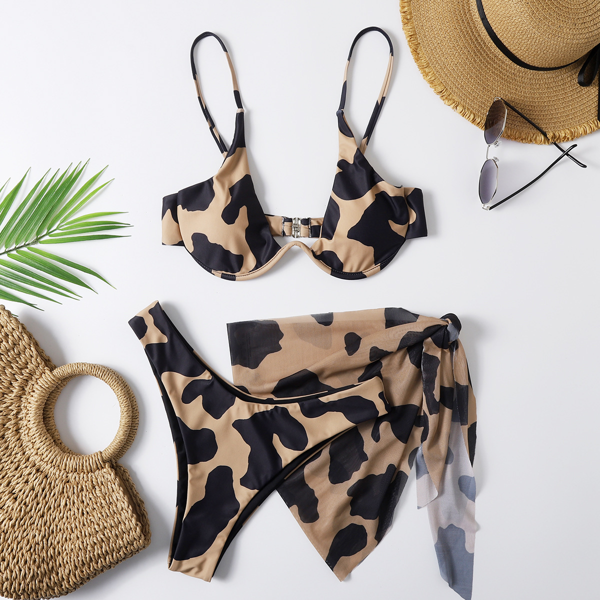 Leopard Pattern Triangle Cup Bra Cup Women's Leopard 2 Pieces Set Bikinis Swimwear