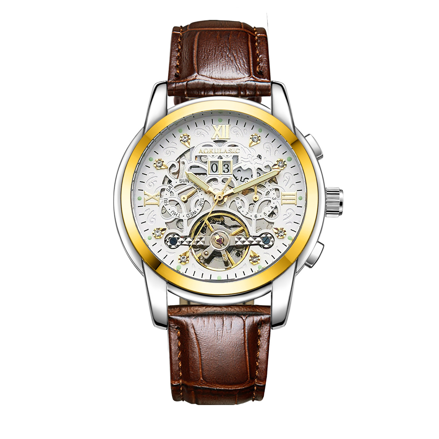 AOKULASIC/ogulas hombres rhinestone reloj mecánico automático hueco doble calendario multifuncional reloj de correa de acero
