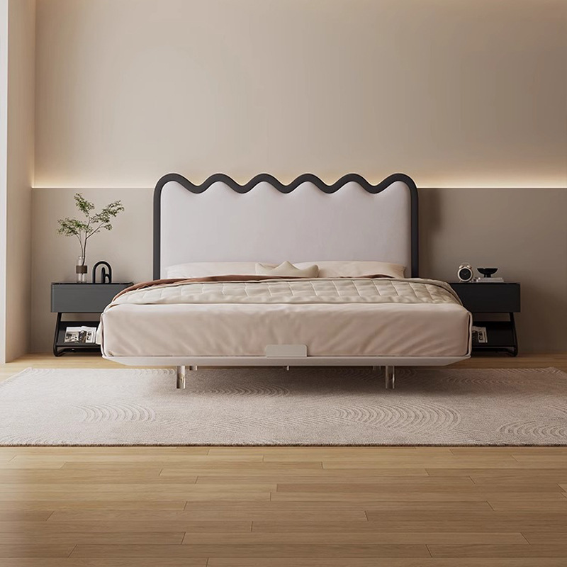 Lecho ondulado flotante estilo ondulado moderno cama de cabecera ultra delgada cama doble cama de tela de acero al carbono cama