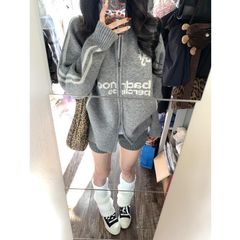 oversize!棒球风翻领拉链毛衣开衫女外套秋季新款韩版宽松针织衫