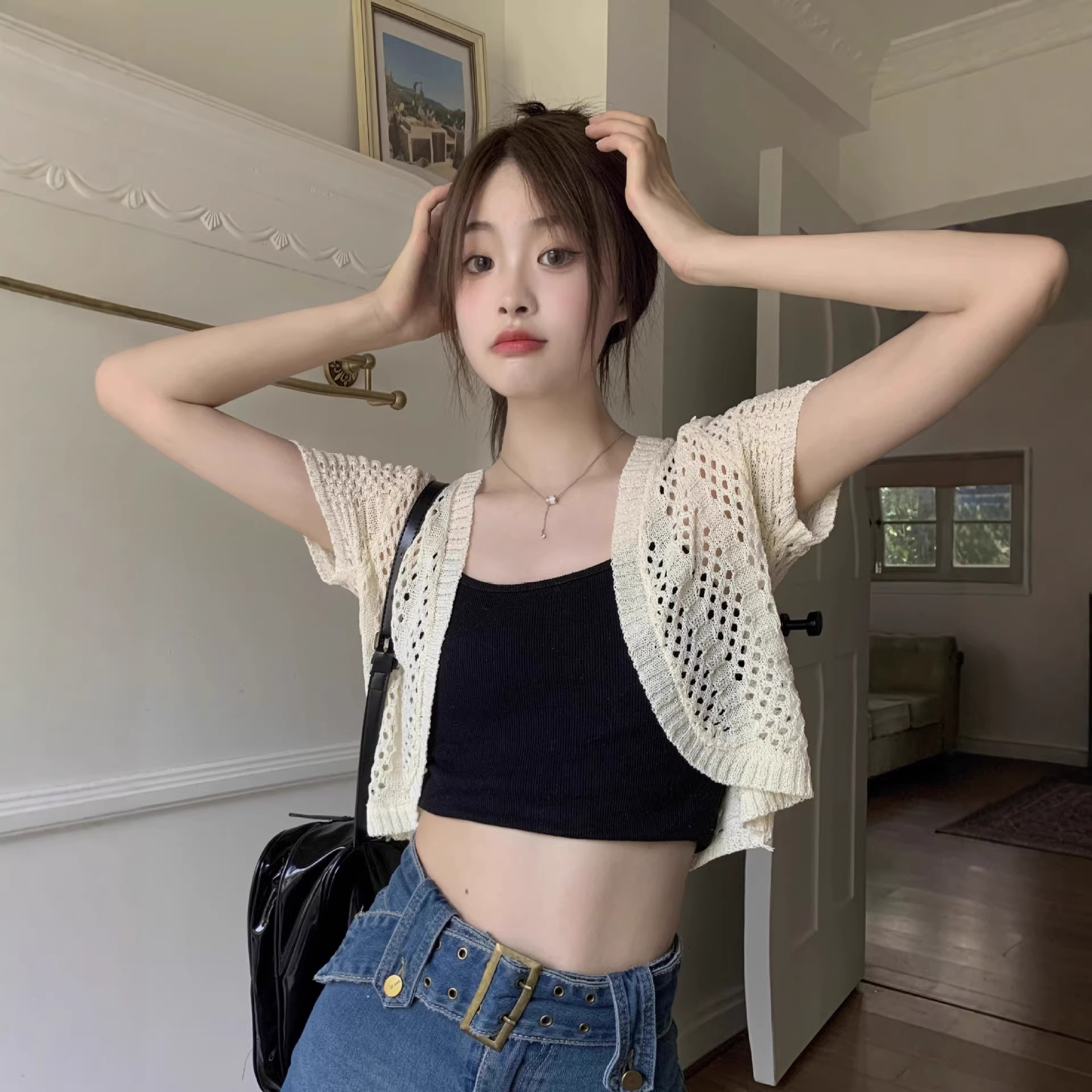 Ice silk openwork sun protection cardigan with skirt, women's short-sleeved short cover-up, summer beach shawl, cheongsam outerwear