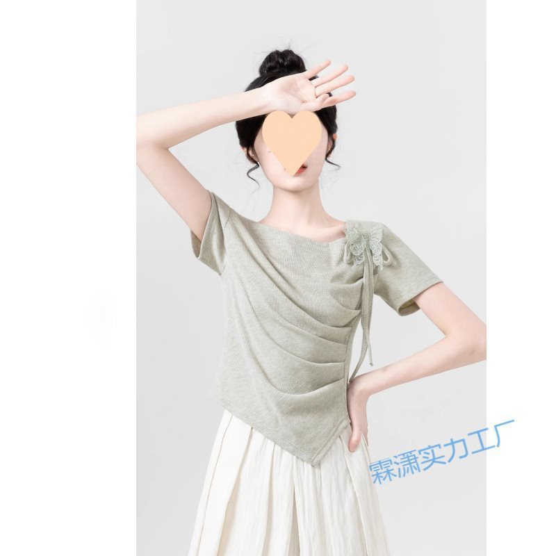 法式不规则短袖恤女夏2025新款设计感收腰显瘦体恤短款上衣|undefined