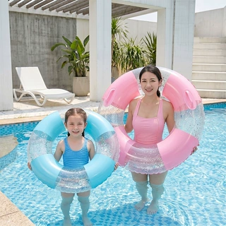 夏季新款卡通透明亮片条纹充气浮圈泳池戏水加厚亲子儿童游泳圈