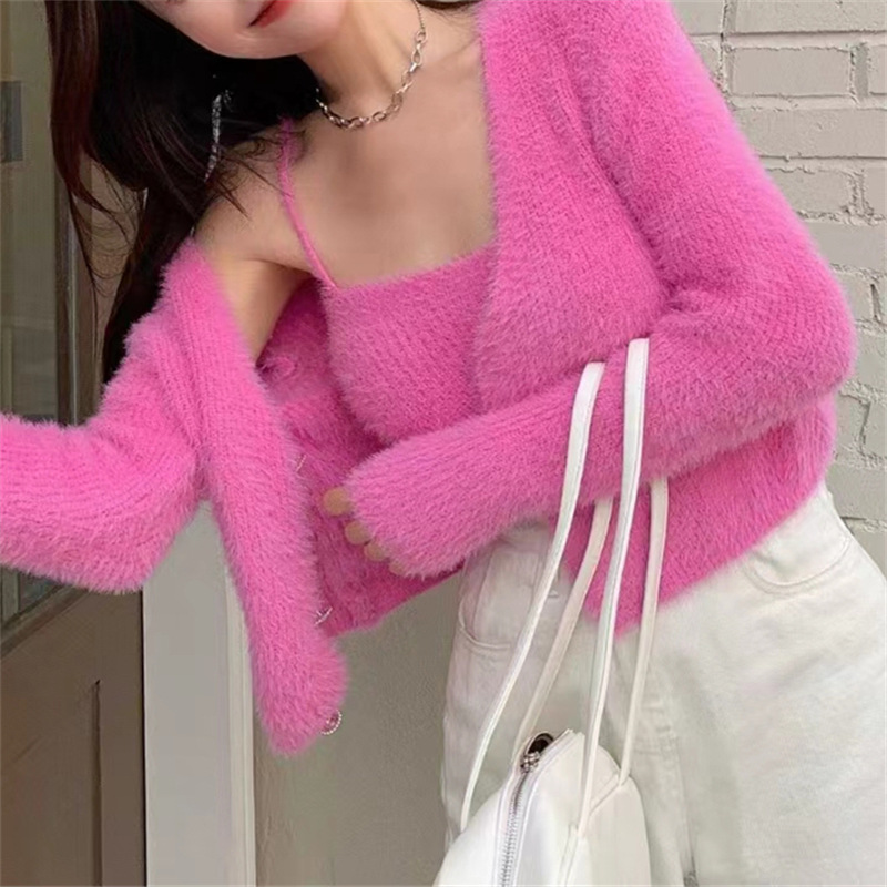 Sexy Cardigan 2023 Autumn/Winter New Product   Mink Wool Chest Wrapping Two Piece Set Korean Knitted Sweater for_voghion.com