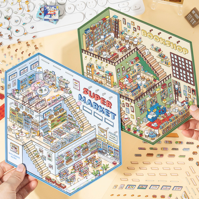 Ink lenguaje estereoscópico miniaturizado pegatinas de paisaje pet mundo de fantasía estudiantes cuentas de mano diy paquete de pegatinas de paisaje