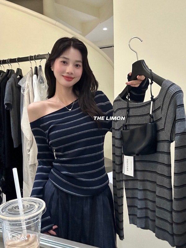 韩版时尚简约条纹斜肩长袖T恤女2025秋新款宽松休闲百搭通勤上衣|undefined