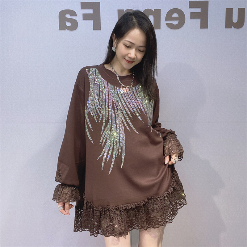 European and American Women's Clothing 2025 New Round Neck Long-Sleeved Tops for Women Autumn Lace Splicing Diamond A-Line Version Belly-Covering T-Shirts