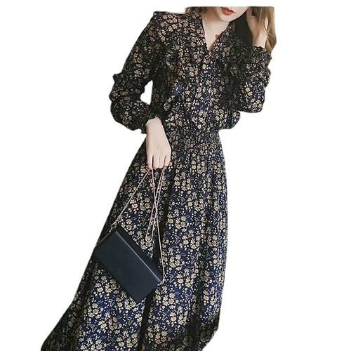 Chiffon floral dress slim fit early spring new women's long-sleeved bottoming skirt French bow slimming long skirt