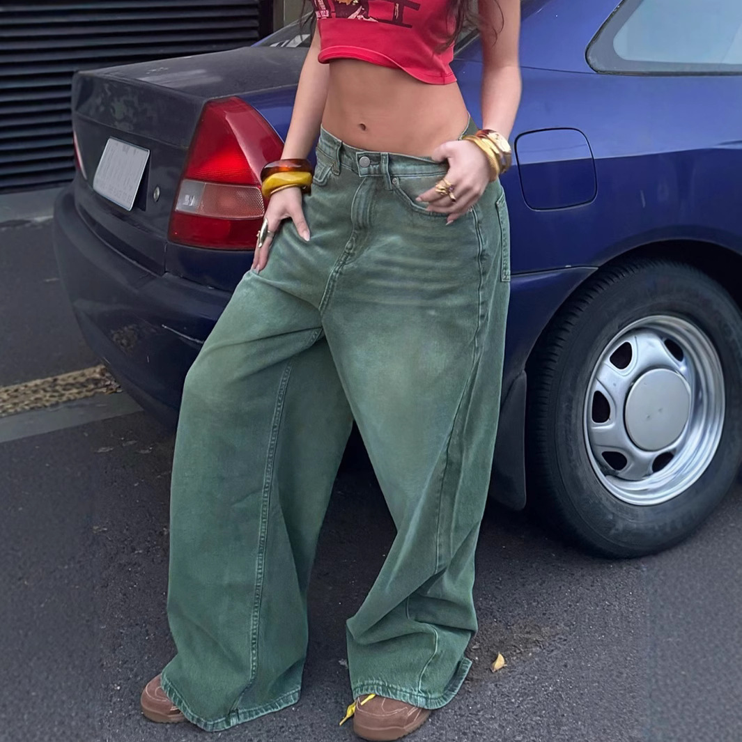 Ropa para mujer, vaqueros de pierna ancha estilo urbano sin estiramiento, básicos, retro, desgastados, holgados, rectos, largos hasta el suelo._voghion.com