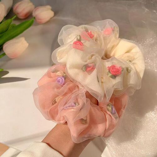 French Cream ~ Floral Exquisite Hair Tie Hair Accessories Highly Elastic Short Hair Accessories Back of the Head Hair Tie Korean