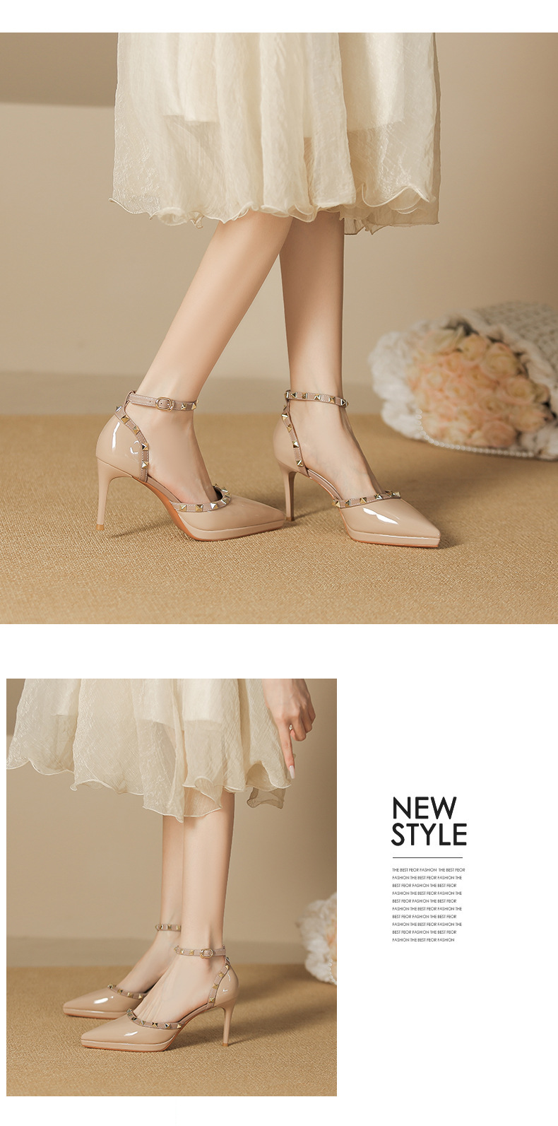 Giày cao gót mũi nhọn đinh tán gót nhọn nữ — Màu nude-10cm chi tiết 5