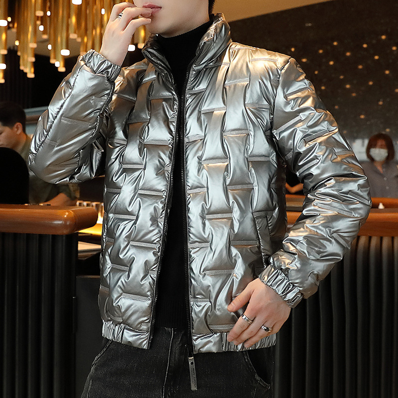 2023 nuevos hombres jóvenes abajo abrigo de algodón acolchado gris plateado brillante abrigo de algodón acolchado abrigo de invierno de estilo coreano de los hombres lote de ropa de los hombres