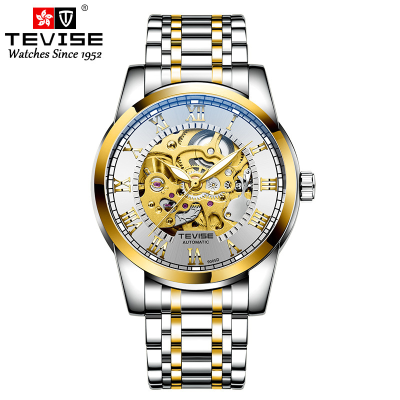 TEVISE nueva correa de acero resistente al agua reloj automático de los hombres de negocios simple reloj mecánico simple luminoso