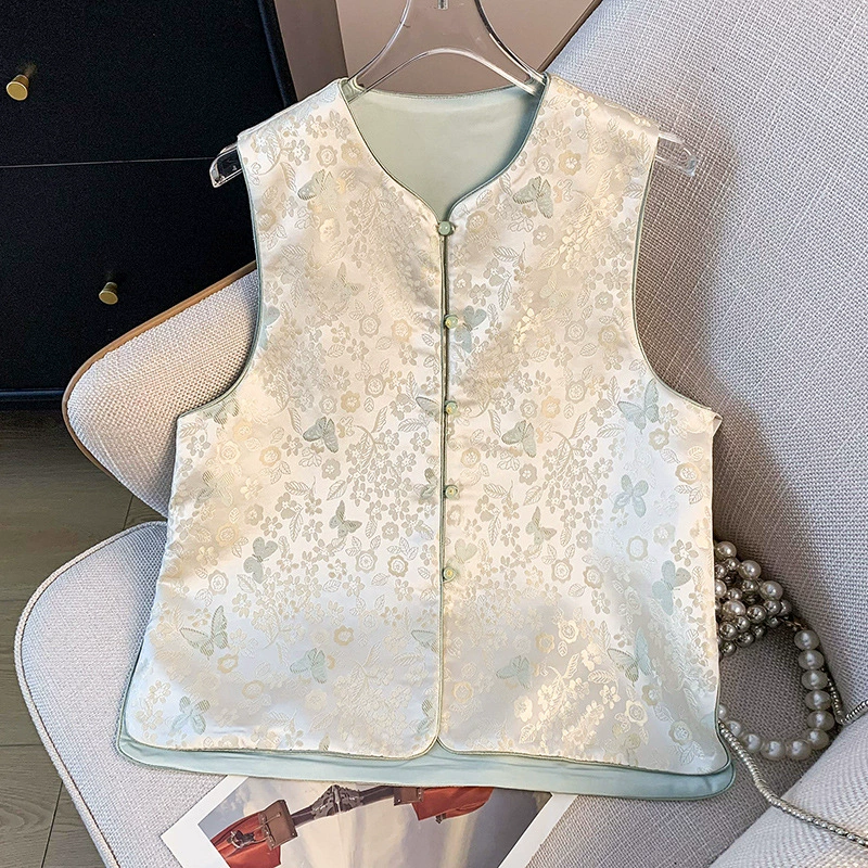 Настоящая фотография нового классического маленького атласного жаккардового жаккарда в китайском стиле с круглым вырезом, ретро-топ, жилет, кардиган, куртка