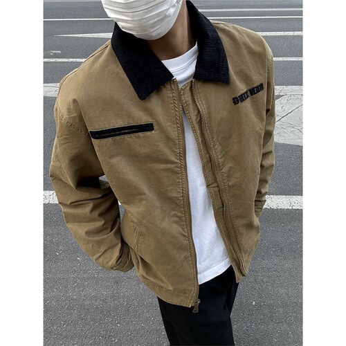 Puffer Collar Jacket Early Autumn Outerwear Men 2025 New Arrival Loose Casual Washed Letter Embroidery Trendy Unisex Top