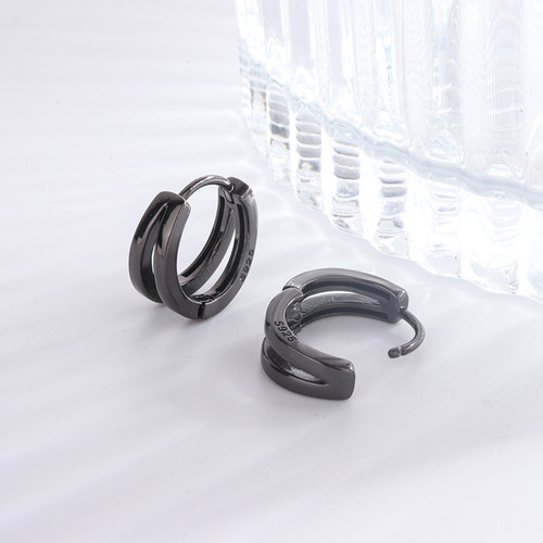 S925 sterling silver double-layer earrings, fashionable, cool and handsome style, unisex round earrings, pierced earrings, no need to remove earrings