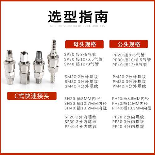 Pneumatic C-style quick-connect air compressor pump soft PU tube tool accessories SP20/PP/SM/SF male/female quick plug