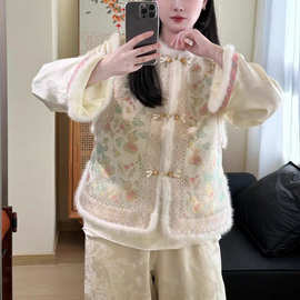 葫芦桑蚕丝宋锦马甲丝绵拼接水貂毛复古新中式国风圆领盘扣马夹女