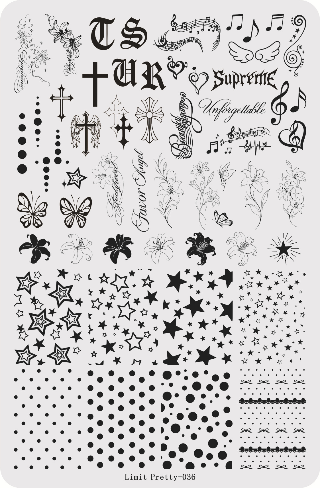 Trendy retro polka dot lily nail art stamping plate with vintage music notes, stars, butterflies, and gothic crosses