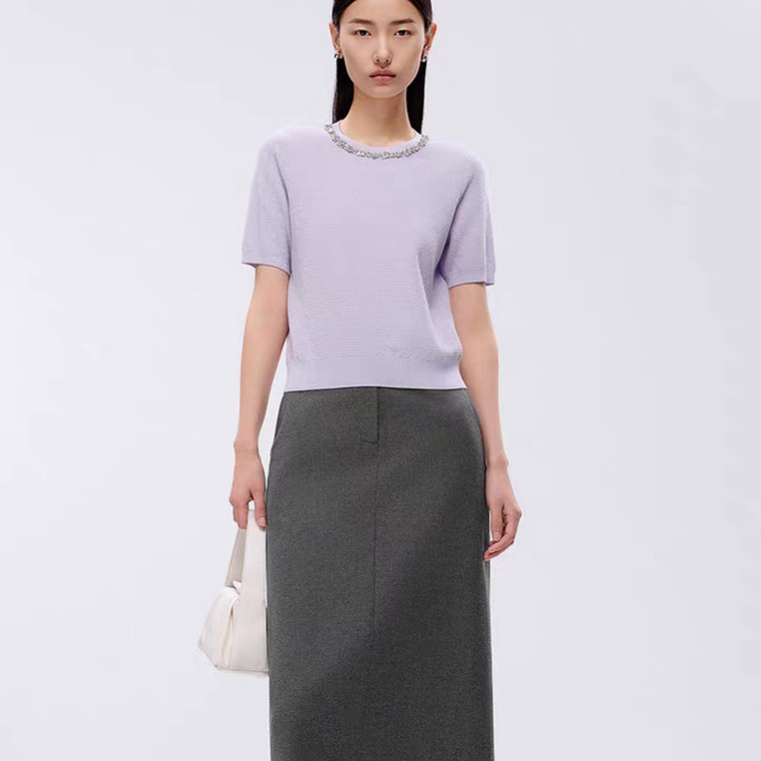 Lang Z2025 Summer Women's French-Style Beaded Short-Sleeve Knit Top, Elegant Round-Neck Blouse with Sequins for Commuting