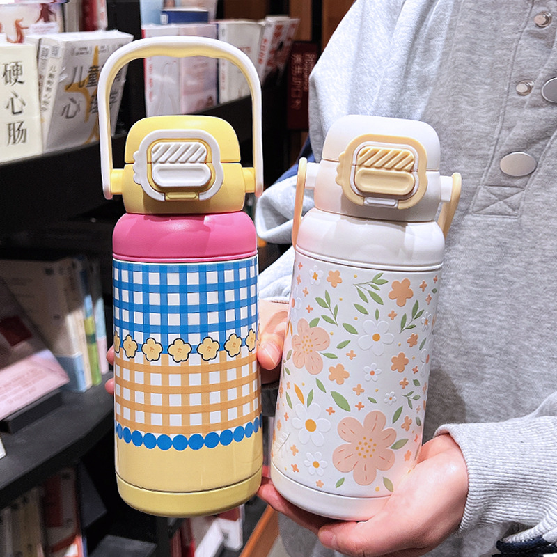 ins轻奢保温杯女生316不锈钢大容量吸管杯子学生户外便携印花水壶