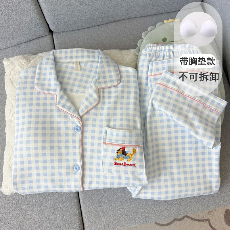 Women's Thermal Pajamas with Chest Pads, Autumn and Winter Coral Fleece, Thickened and Cute Plaid Dachshund Student Set