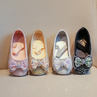 2024 spring and autumn new Korean version of girls princess shoes sequins rhinestone bow children's soft bottom square shoes wholesale