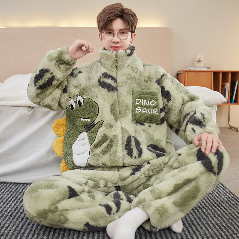 Pajamas for Men Autumn and Winter Coral Velvet Thickeneded Fleece-Lined Cartoon Plush Zipper Youth Home Wear Set