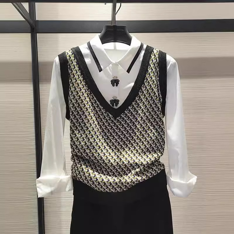 Gejia's New 2024 Spring and Summer Versatile Houndstooth V Neck Knitwear Women's Magnolia Vest Suspender Vest