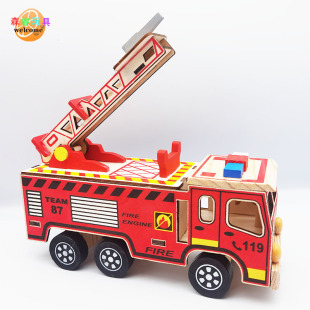 New color wooden fire truck fire truck children's model toy engineering truck color lifting fire truck wholesale