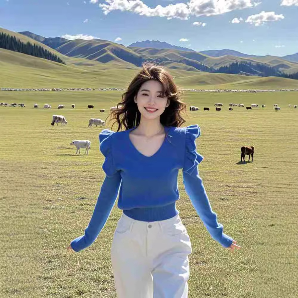 2024 년 초 가을 뉴 앰비언스 센스 러플 V-NECK KLEIN 블루 스웨터 니트 스웨터 여성용 쇼트 웨이스트 탑