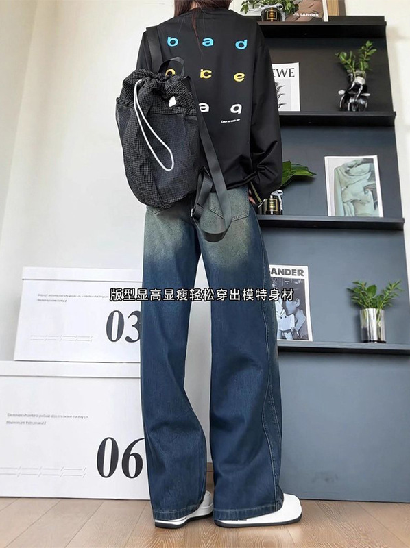 黑色设计感美式斜切明线牛仔裤秋季小众设计微喇裤子潮牌痞帅长裤|undefined