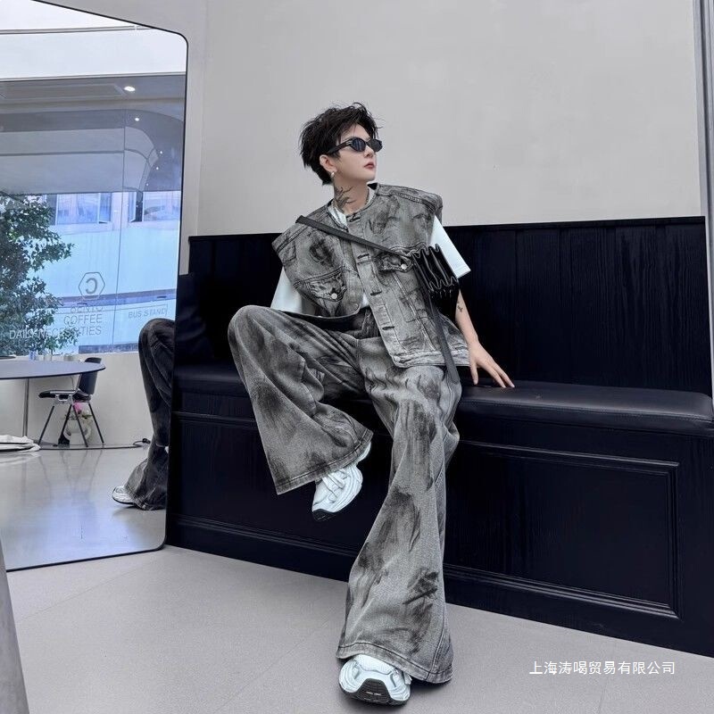 Ins American-Style Padded Shoulder Niche Jacket Denim Vest Washed Set Sleeveless Coat Design Spring and Autumn Pants in Stock