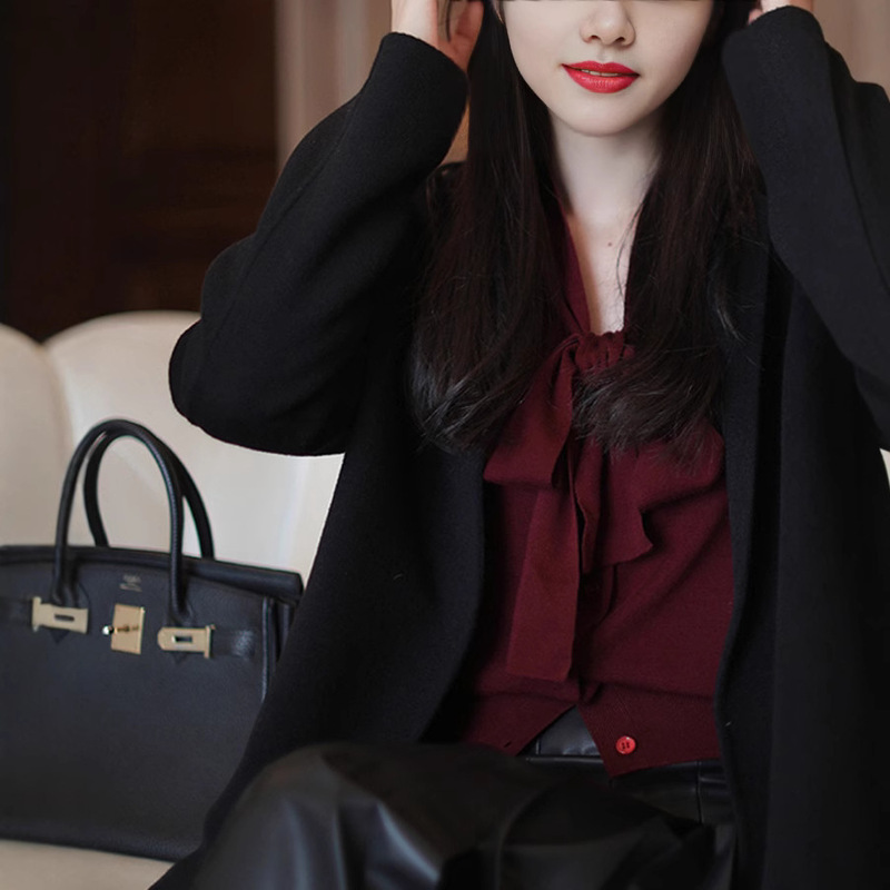 Soft Smooth White Shirt Ribbon Sweater Wool Blend Knitted Cardigan