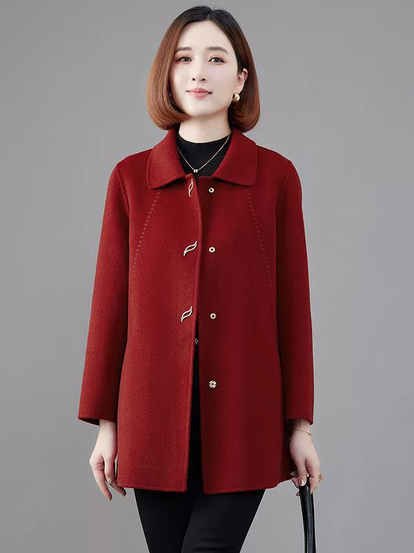 Double-Sided Velvet Wool Coat for Mothers - Demi-Season, Plus Size, Classic Collar, Cozy Warmth
